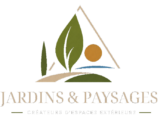 Logo jardins-paysages, créateurs d’espaces extérieurs en Ariège, feuilles vertes, soleil et eau stylisés