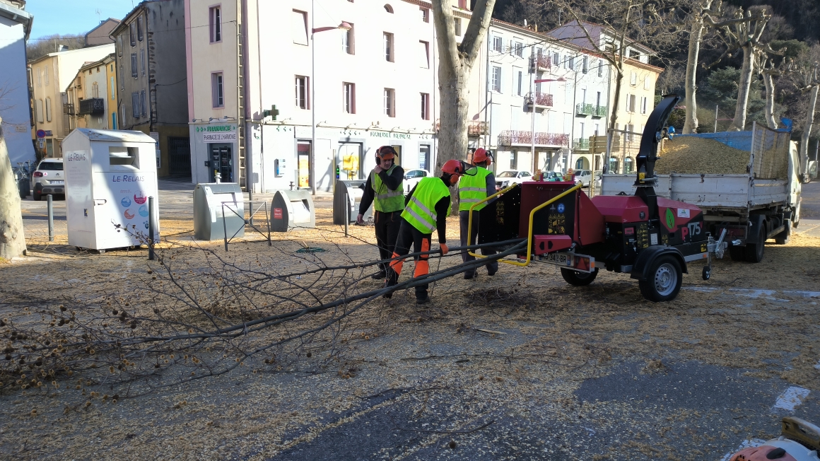 Ouvriers jardins-paysages broyant des branches en rue urbaine en ariège